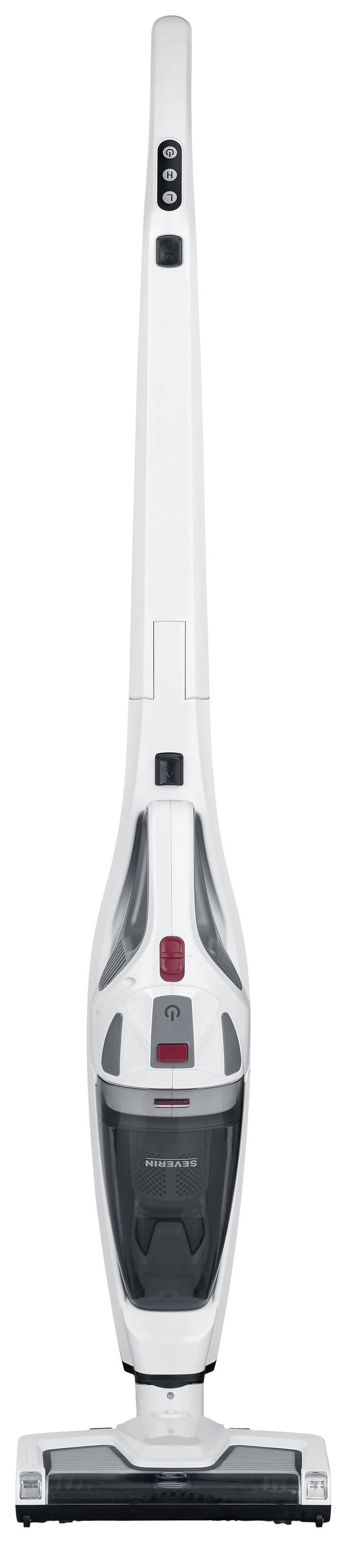 Un aspirateur sans fil blanc et moderne, avec des détails noirs et rouges, posé sur une surface près du sol.
