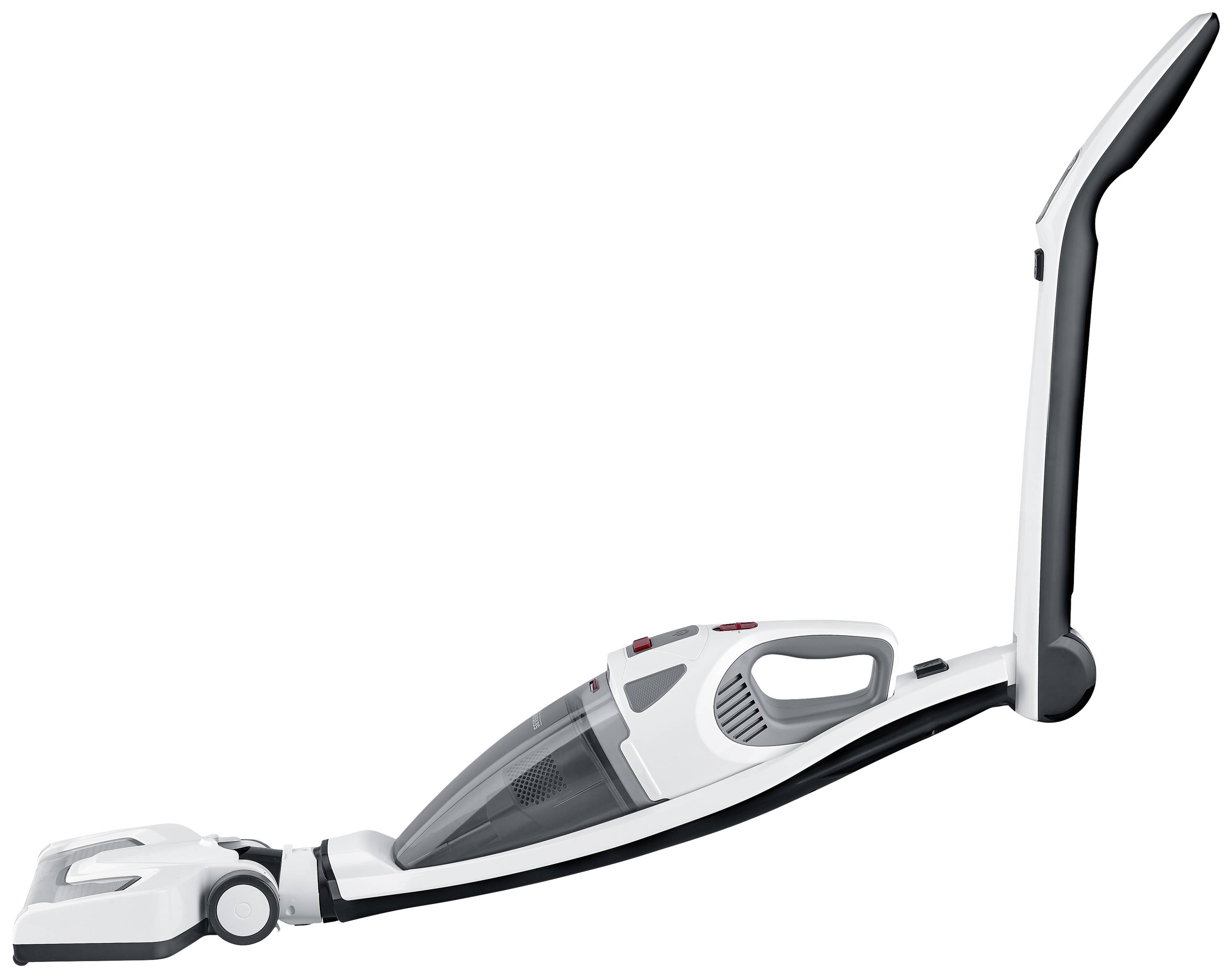 Un aspirateur-balai blanc au design moderne, sans fil, doté d'une poignée ergonomique, adapté pour un nettoyage efficace des sols.
