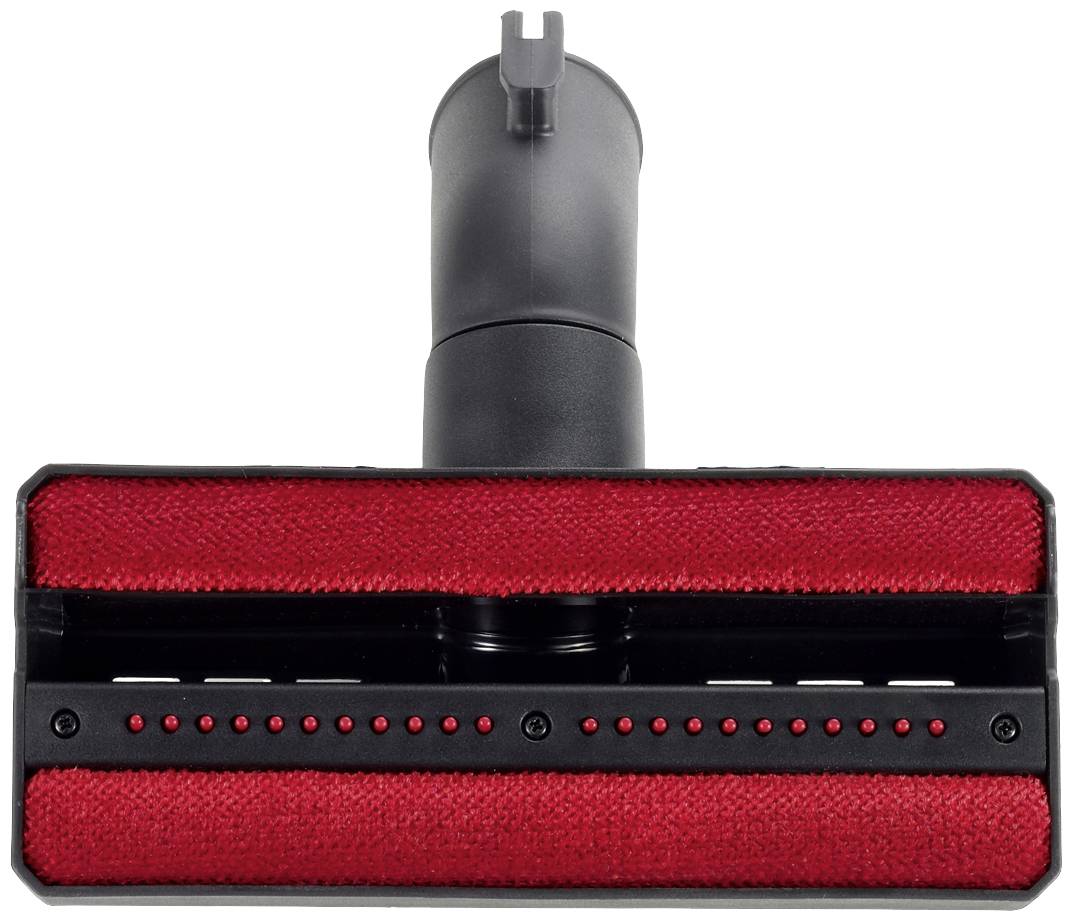 Buse d'aspirateur rouge pour tapis avec des poils noirs, vue de face. Elle est conçue pour le nettoyage efficace des tapis.