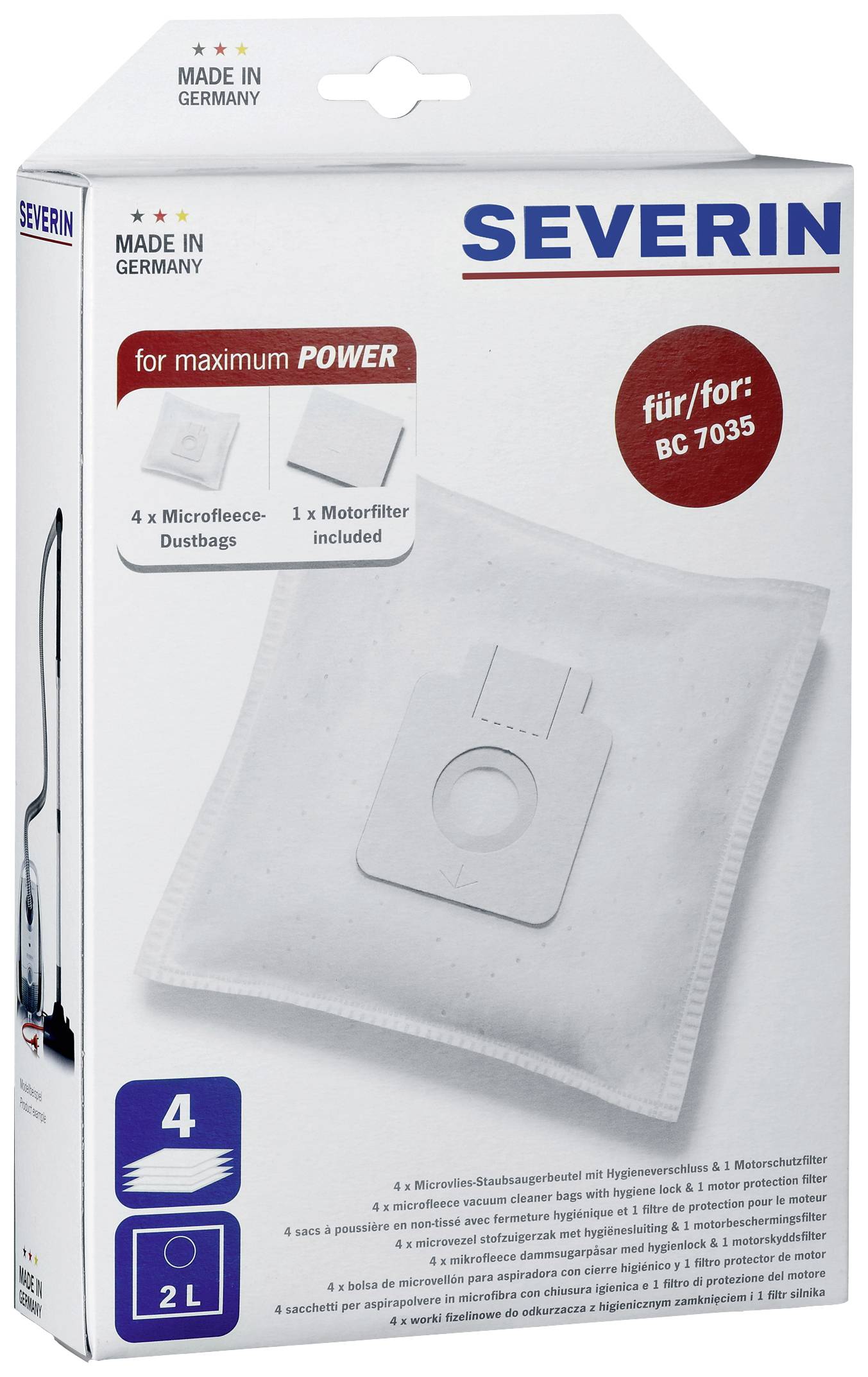 Emballage de sacs d'aspirateur Severin, modèle BC 7035. Contient quatre sacs en microfibres et un filtre de protection moteur, capacité de 2 litres.