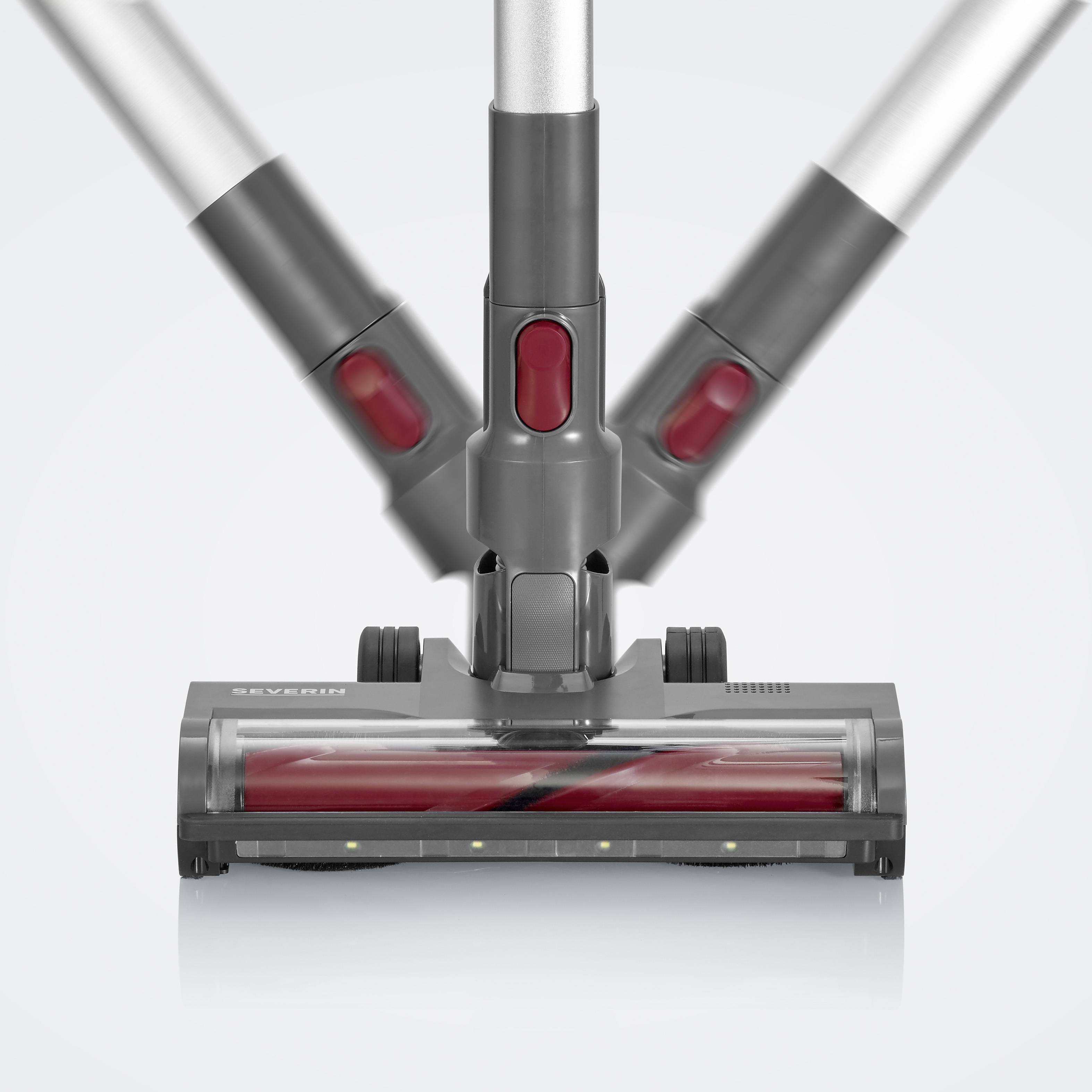'Représentation d'une tête d'aspirateur avec brosses rotatives et tube d'aspiration réglable, adaptée au nettoyage efficace des sols.'