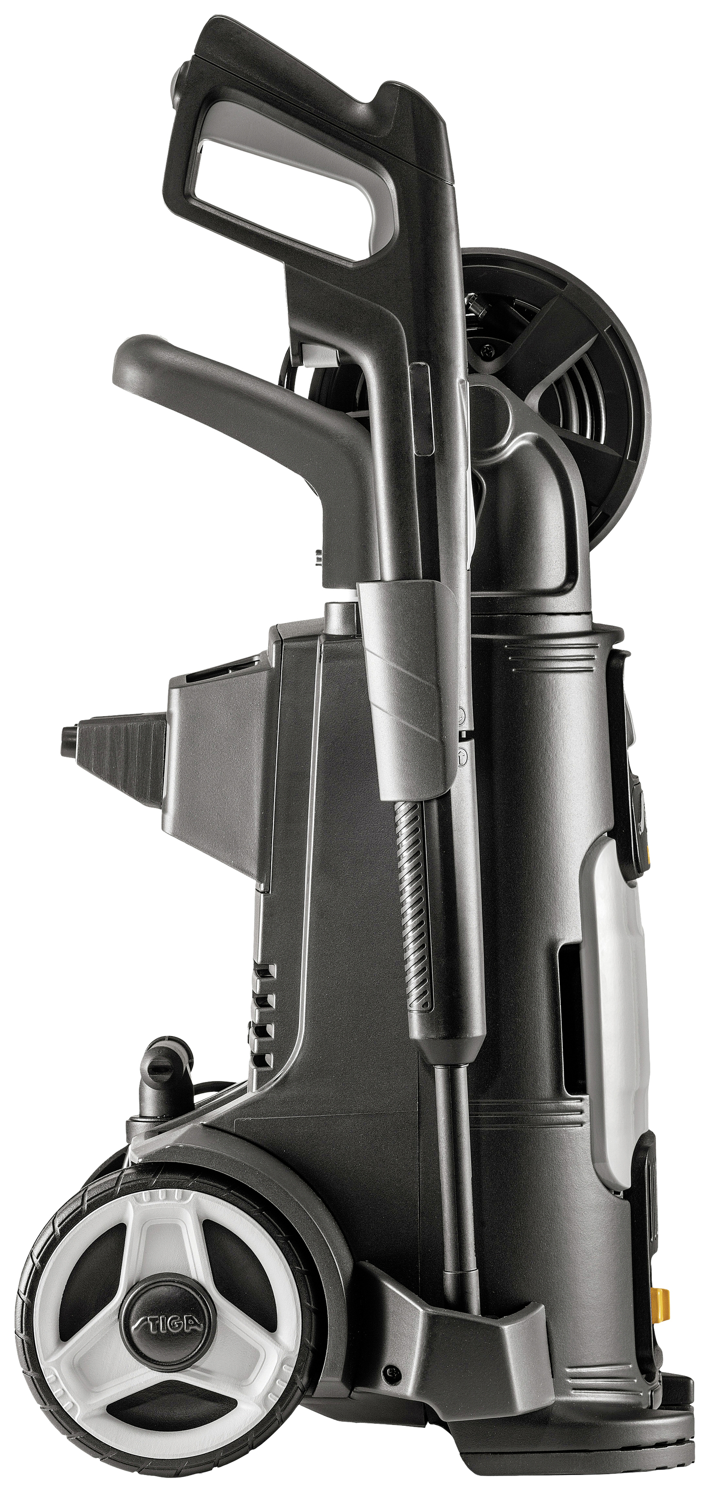 Nettoyeur haute pression avec de grandes roues et une poignée pratique. Idéal pour le nettoyage des espaces extérieurs.