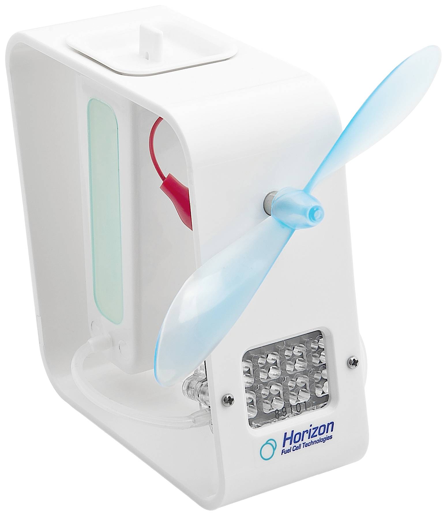 Un mini-modèle d'un générateur d'éolienne montre le fonctionnement de la production d'électricité, avec des fanions 'Horizon Fuel Cell Technologies'.