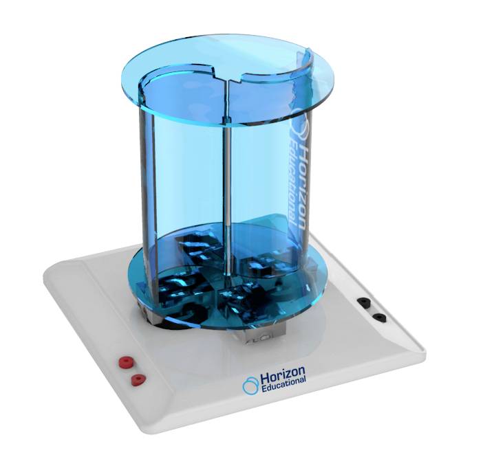 Un récipient cylindrique transparent bleu reposant sur une base blanche avec le logo 'Horizon Educational'.