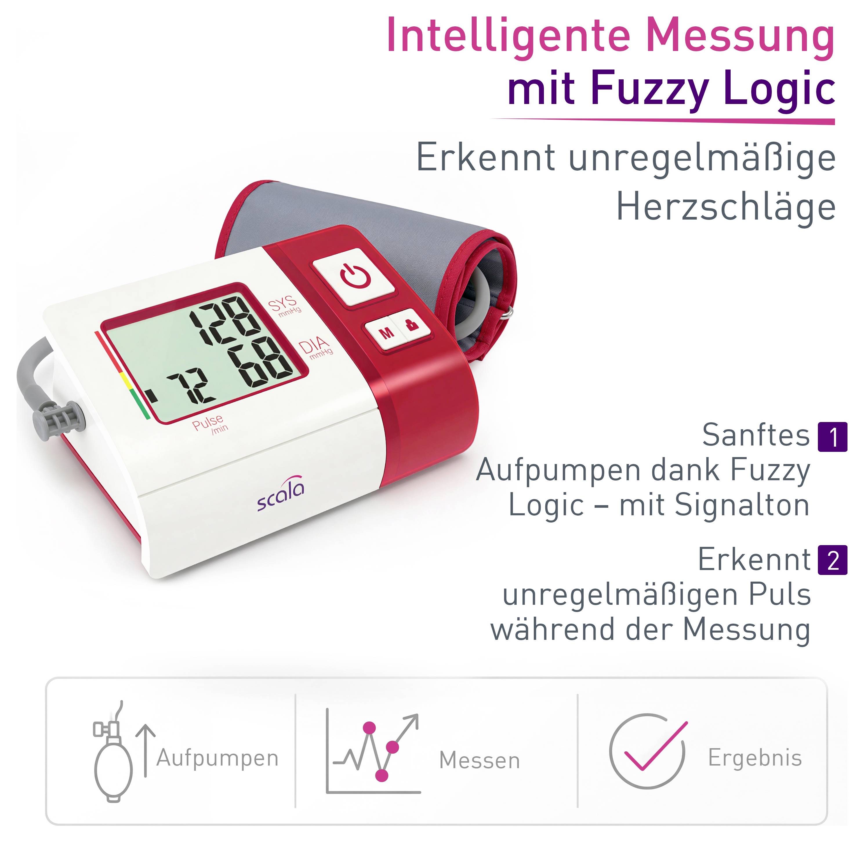 Tensiomètre avec écran affichant SYS 128, DIA 72, Pouls 60. Texte : « Mesure intelligente avec logique floue ». Détecte les battements cardiaques irréguliers.