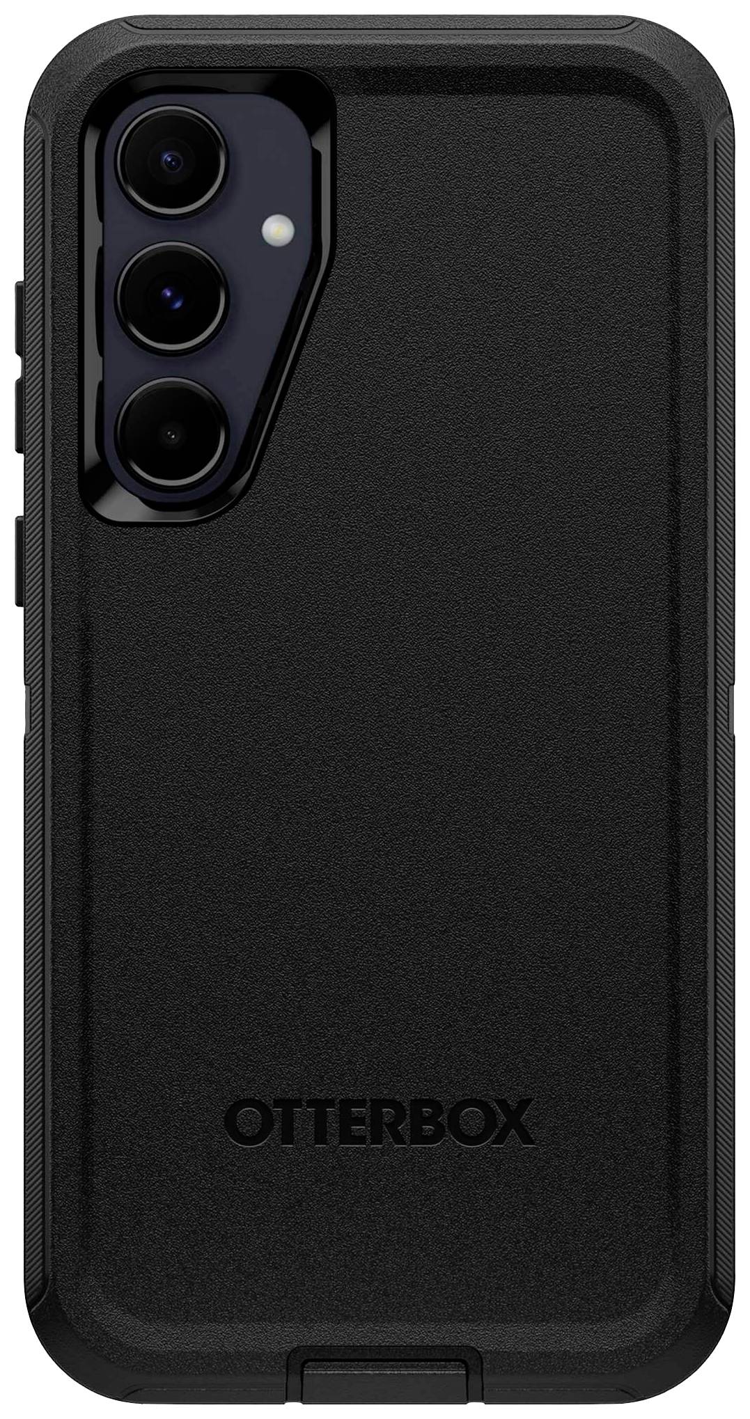 Coque noire pour smartphone Otterbox, adaptée à un appareil doté d'un triple capteur photo. Design robuste pour une protection renforcée.