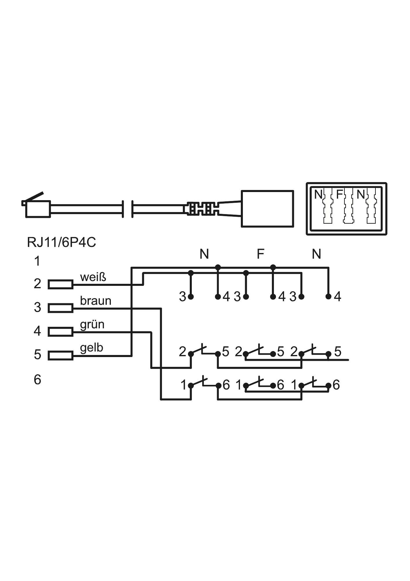 Schéma de brochage d'une prise RJ11 avec attribution des broches : 1 (blanc), 2 (marron), 3 (vert), 4 (jaune). Affectation des connexions représentée.
