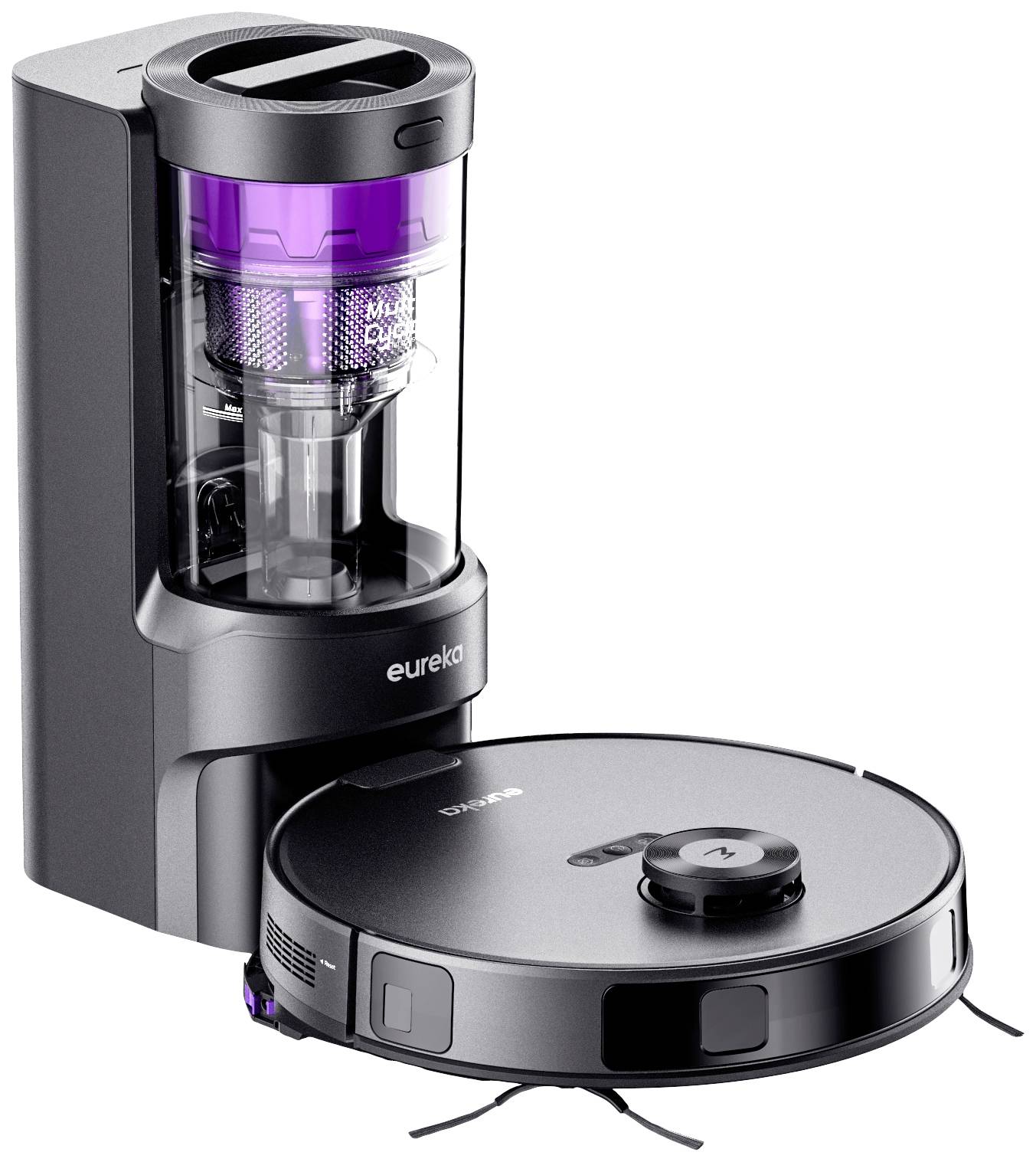 Un robot aspirateur noir est placé devant une station de charge compacte et noire. Une zone violette distincte est visible.