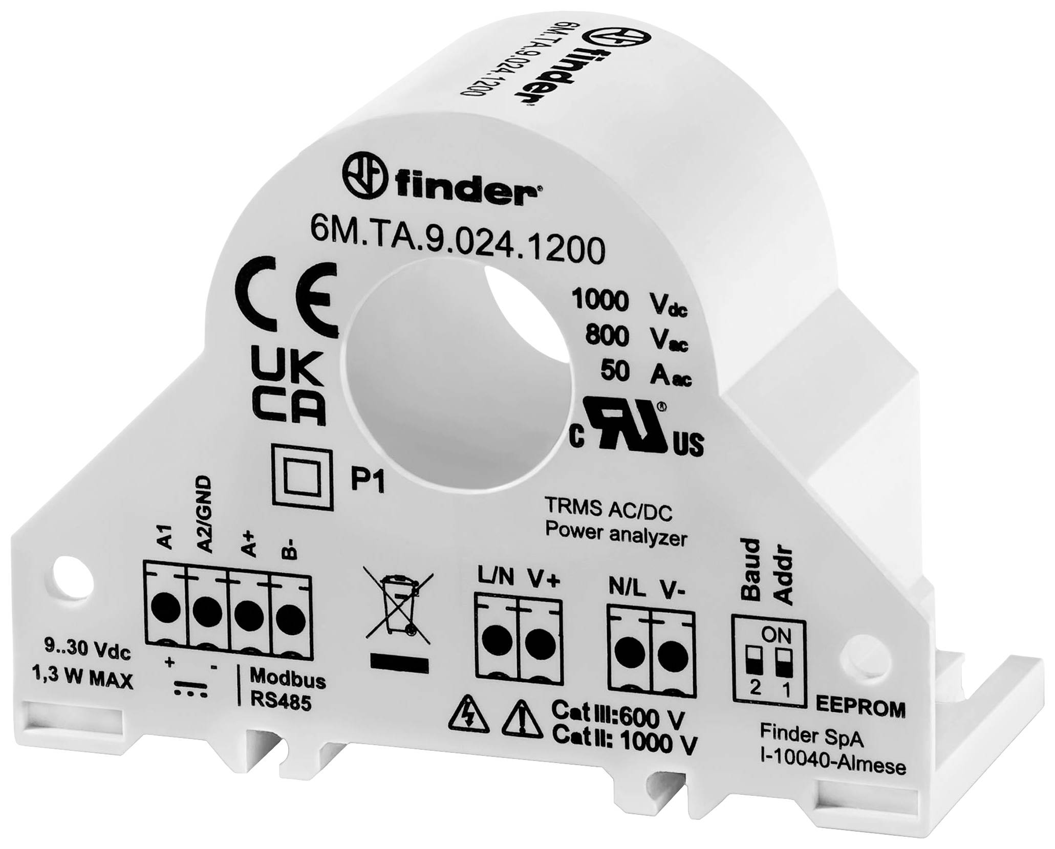 Transformateur de courant de Finder avec marquages CE et UKCA, bornes de connexion et inscription '6M.TA.9.024.1200', adapté pour 1000 VDC.