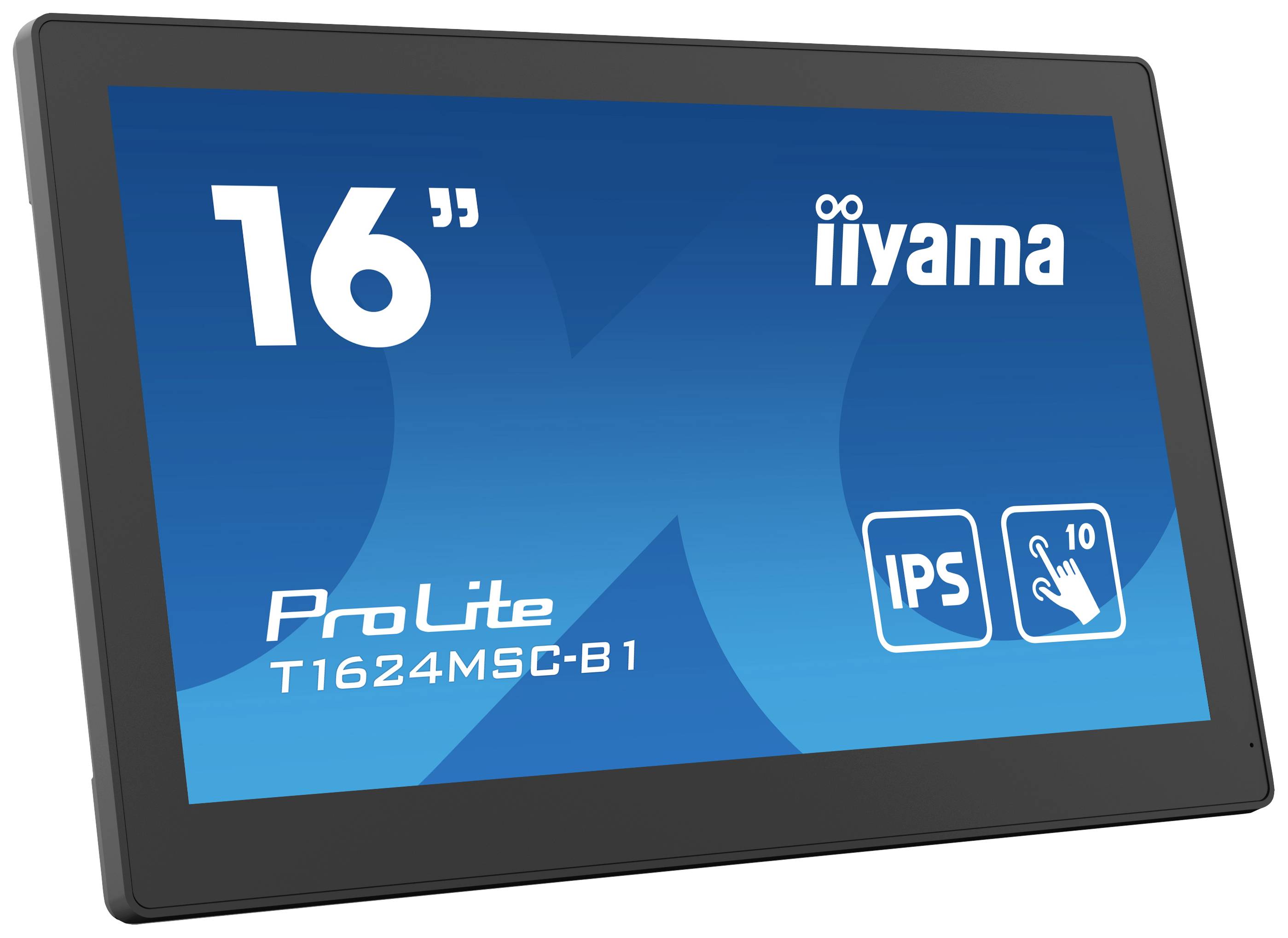 L'image montre un moniteur iiyama ProLite T1624MSC-B1 avec un écran de 16 pouces, technologie IPS et fonction tactile 10 points.