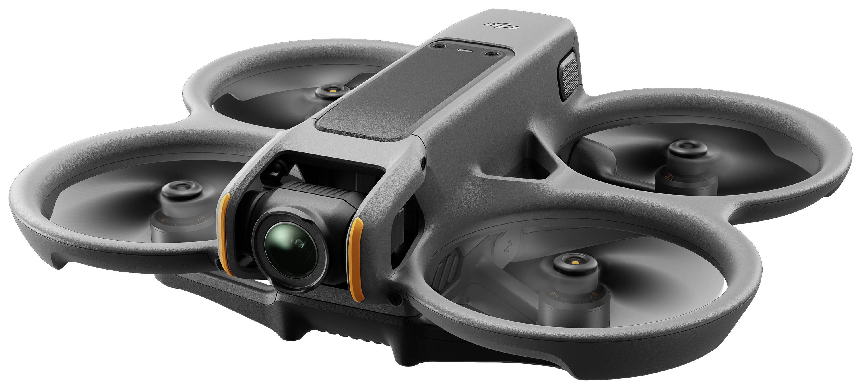 Un drone compact gris avec quatre rotors et une caméra à l'avant, adapté pour les prises de vue aériennes et la vidéographie.