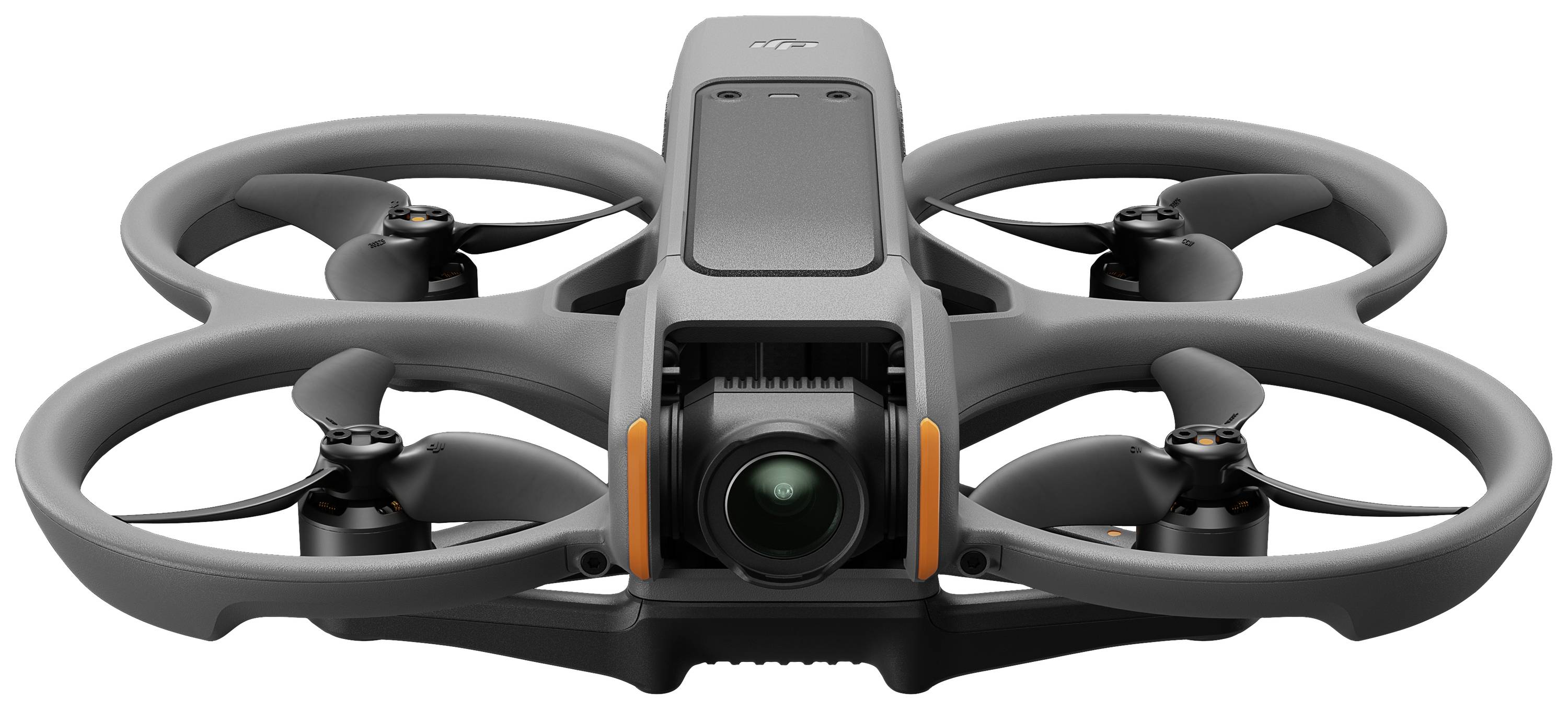 Un drone gris à quatre rotors avec une caméra à l'avant, en vue de face.