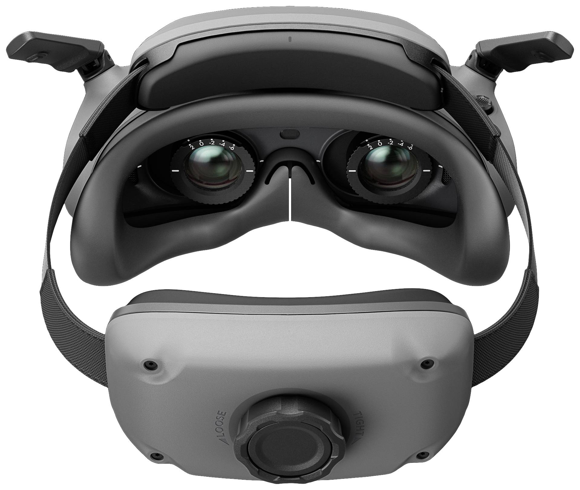 Casque de réalité virtuelle au design gris, vu de face, montrant les lentilles et le système de maintien sur la tête, adapté aux expériences de réalité virtuelle.