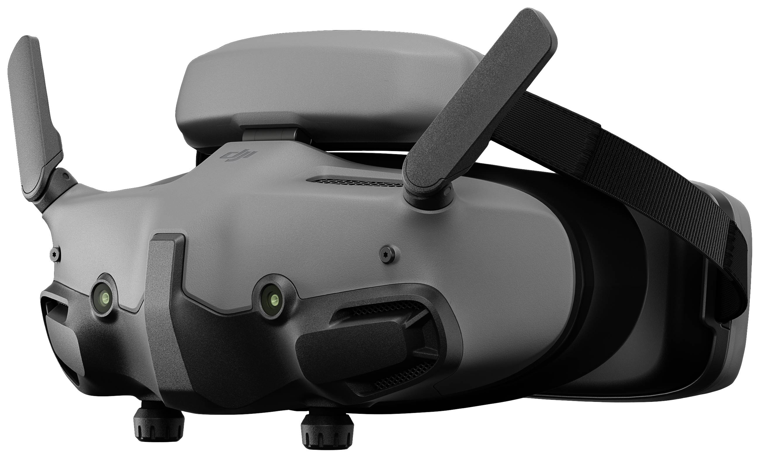 Casque VR avec deux caméras à l'avant, une sangle de tête réglable noire et des antennes rabattables sur les côtés.