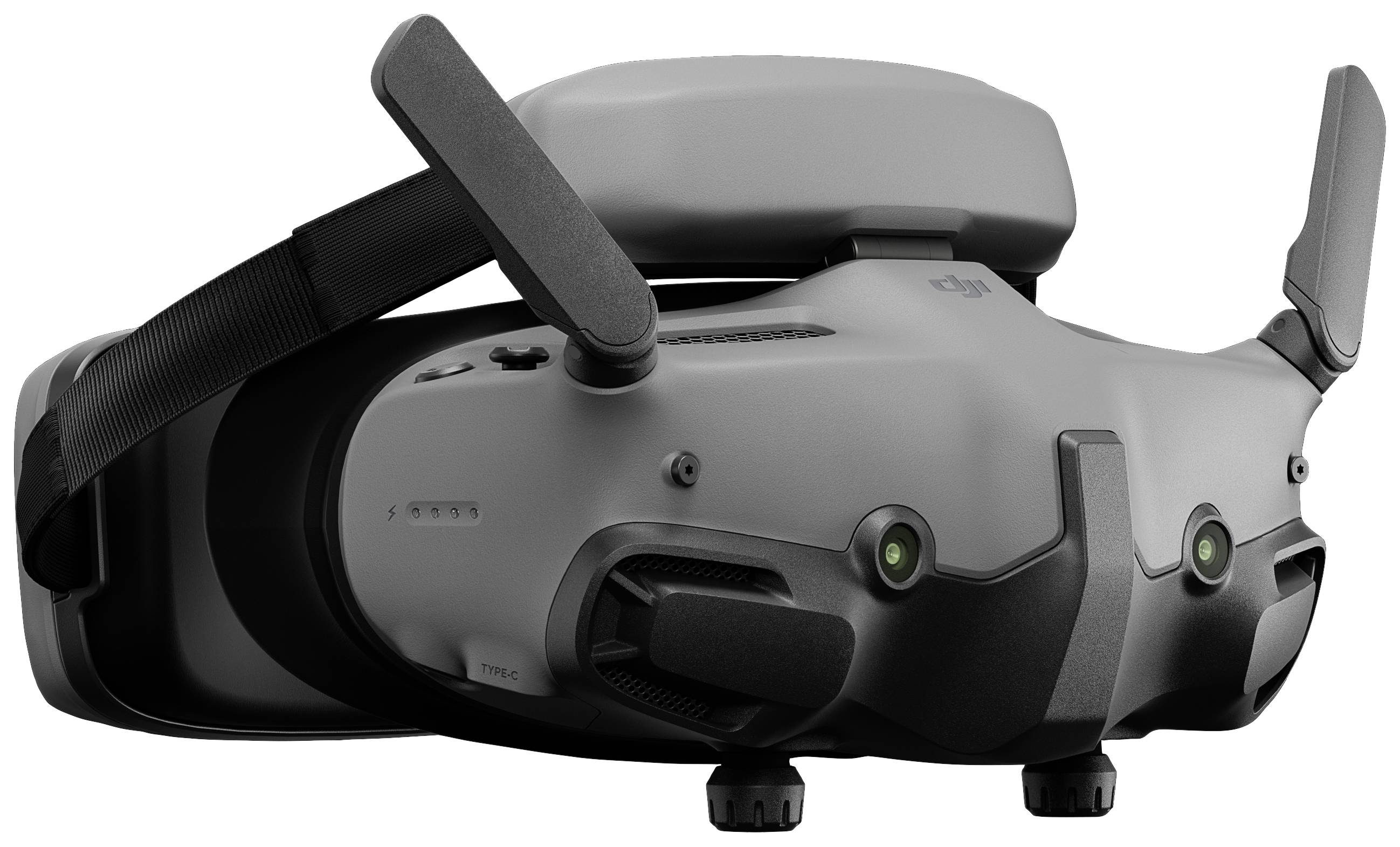 Un casque de réalité virtuelle futuriste de couleur grise, doté d'antennes distinctives qui s'étendent vers l'avant et vers le haut.
