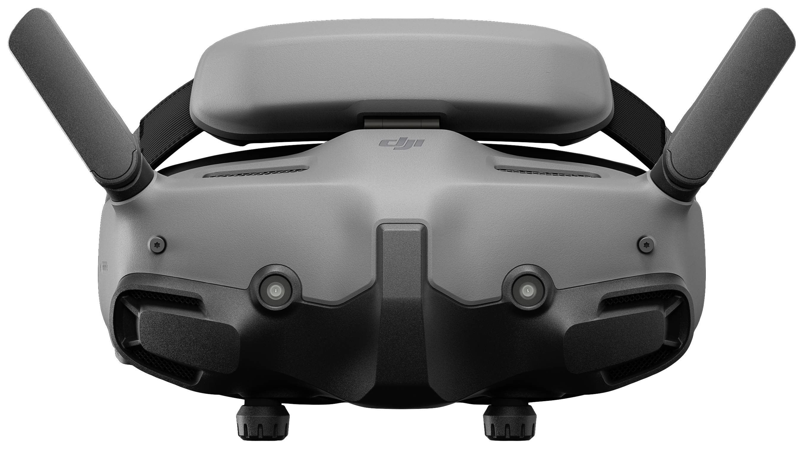 Lunettes de réalité virtuelle équipées de deux antennes et de caméras à l'avant, utilisées pour des mondes d'expérience immersifs ou le contrôle de drones.