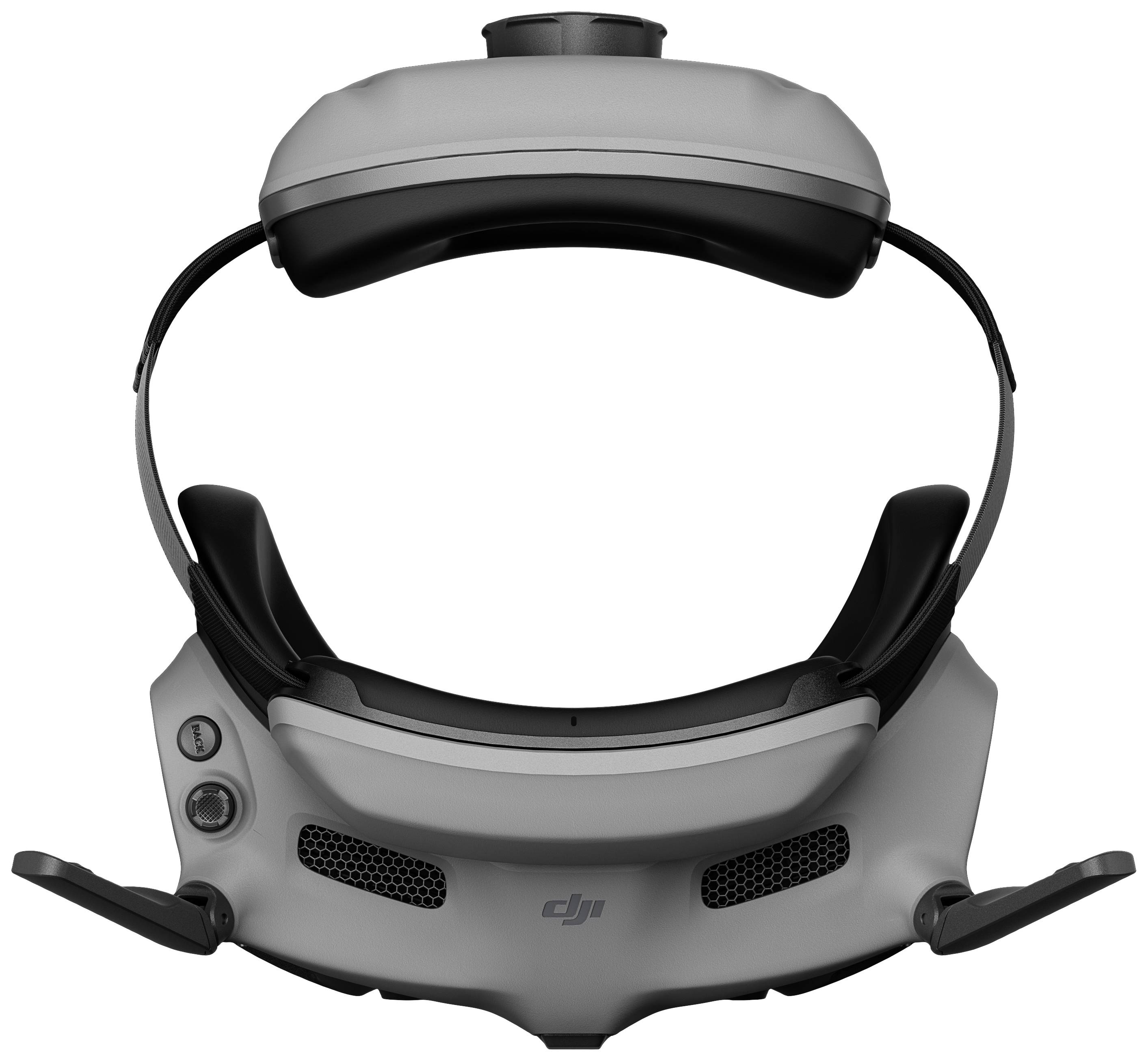 Un casque de réalité virtuelle en tons de gris. Il dispose d'une bandoulière rembourrée, de boutons latéraux et de fentes de ventilation à l'avant.