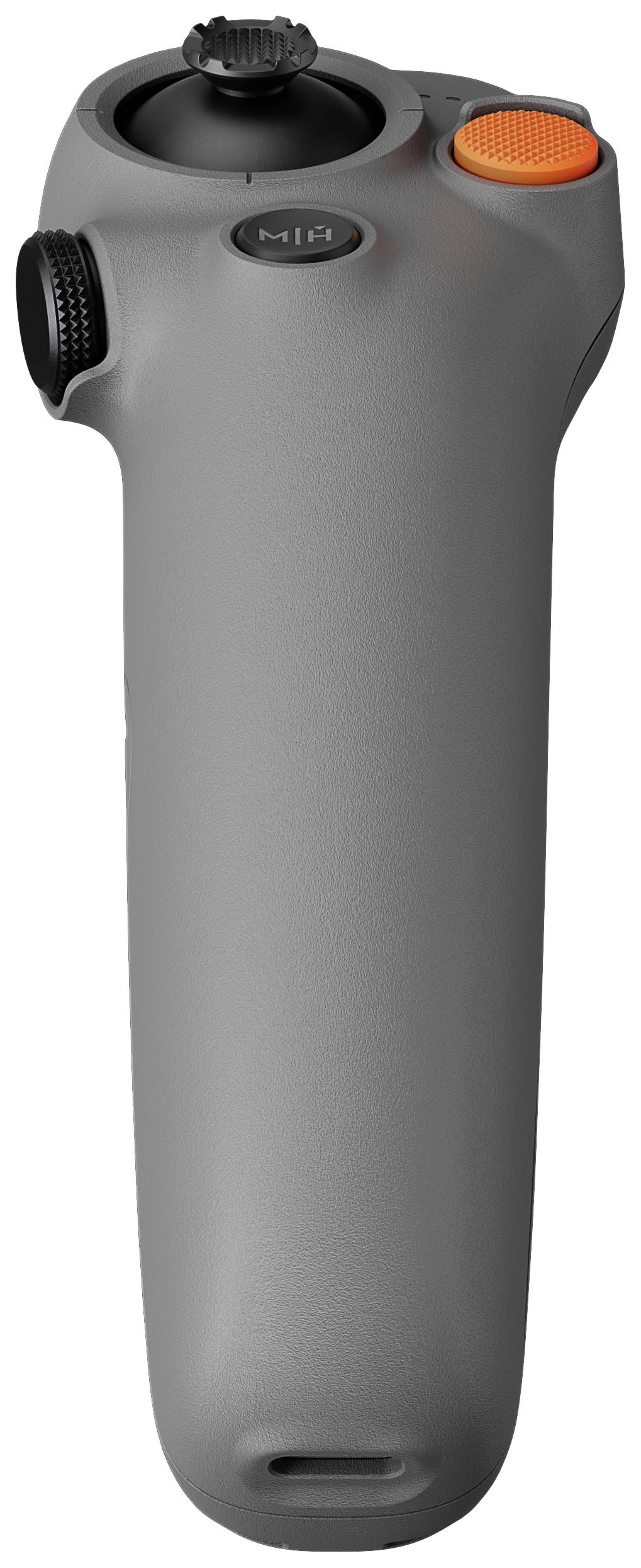 Manette de commande grise, compacte et maniable, avec un manche noir, un bouton orange et un bouton rotatif sur le côté. Adaptée pour le contrôle de drone.