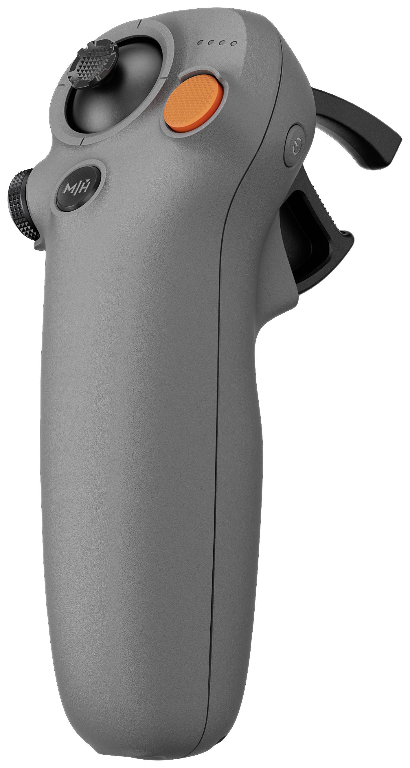 Joystick gris avec plusieurs boutons et un potentiomètre rotatif, adapté pour le contrôle précis d'appareils électroniques ou de drones.