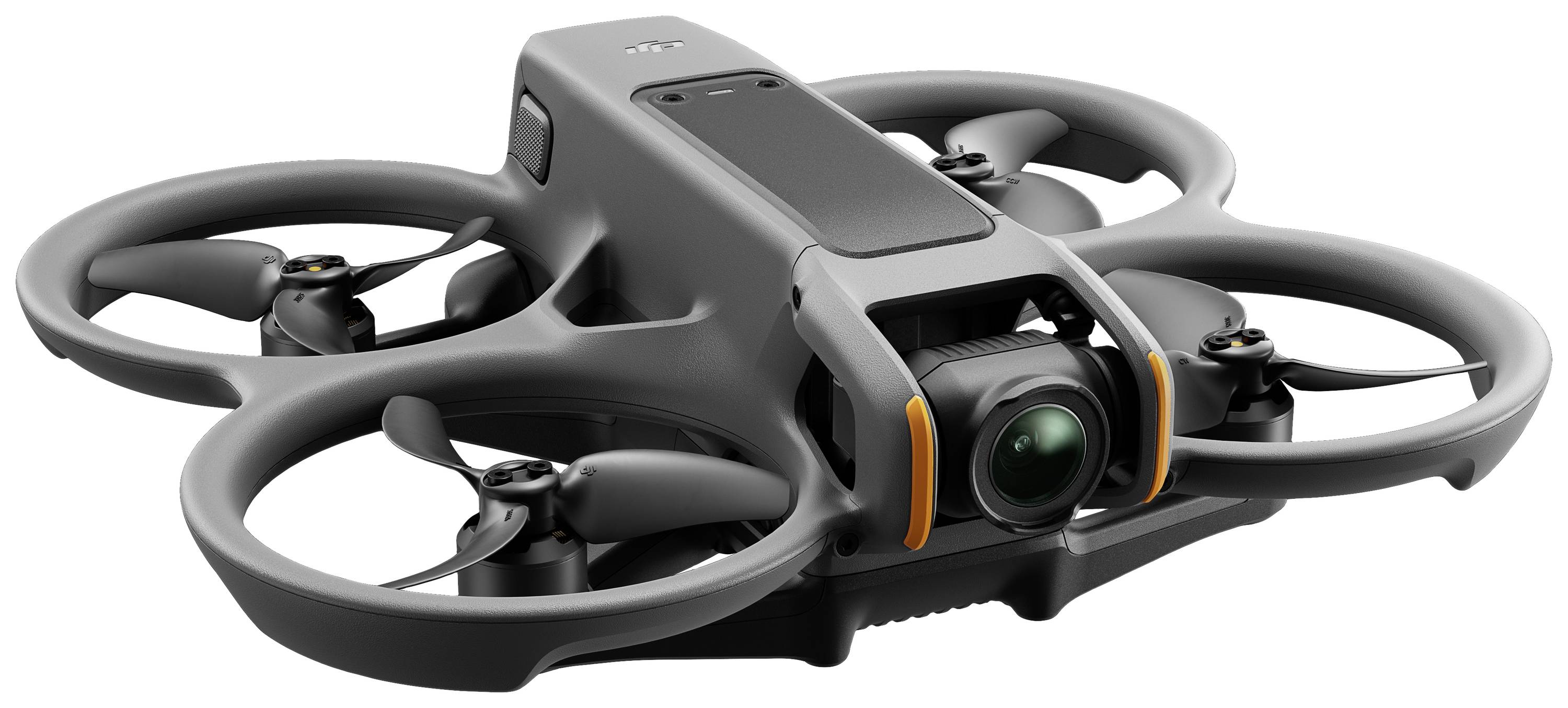 Un drone gris à quatre rotors avec un objectif de caméra à l'avant.