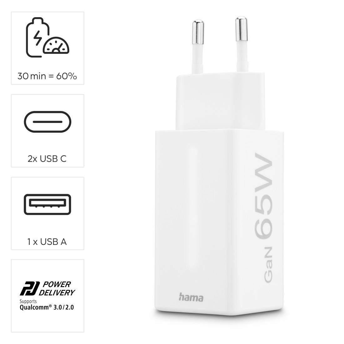 Hama 00201996 Chargeur USB 65 W 1x USB-A, 2x USB-C® Power Delivery blanc intérieure USB Power Delivery (USB-PD)