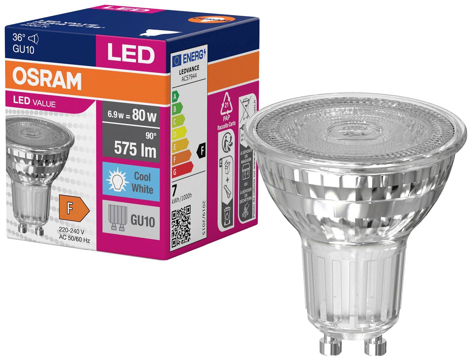 OSRAM HOMELIGHTING 4058075096660 LED CEE F (A - G) GU10 réflecteur 6.9 W = 80 W blanc neutre (Ø x H) 50 mm x 50 mm 1 pc(s)