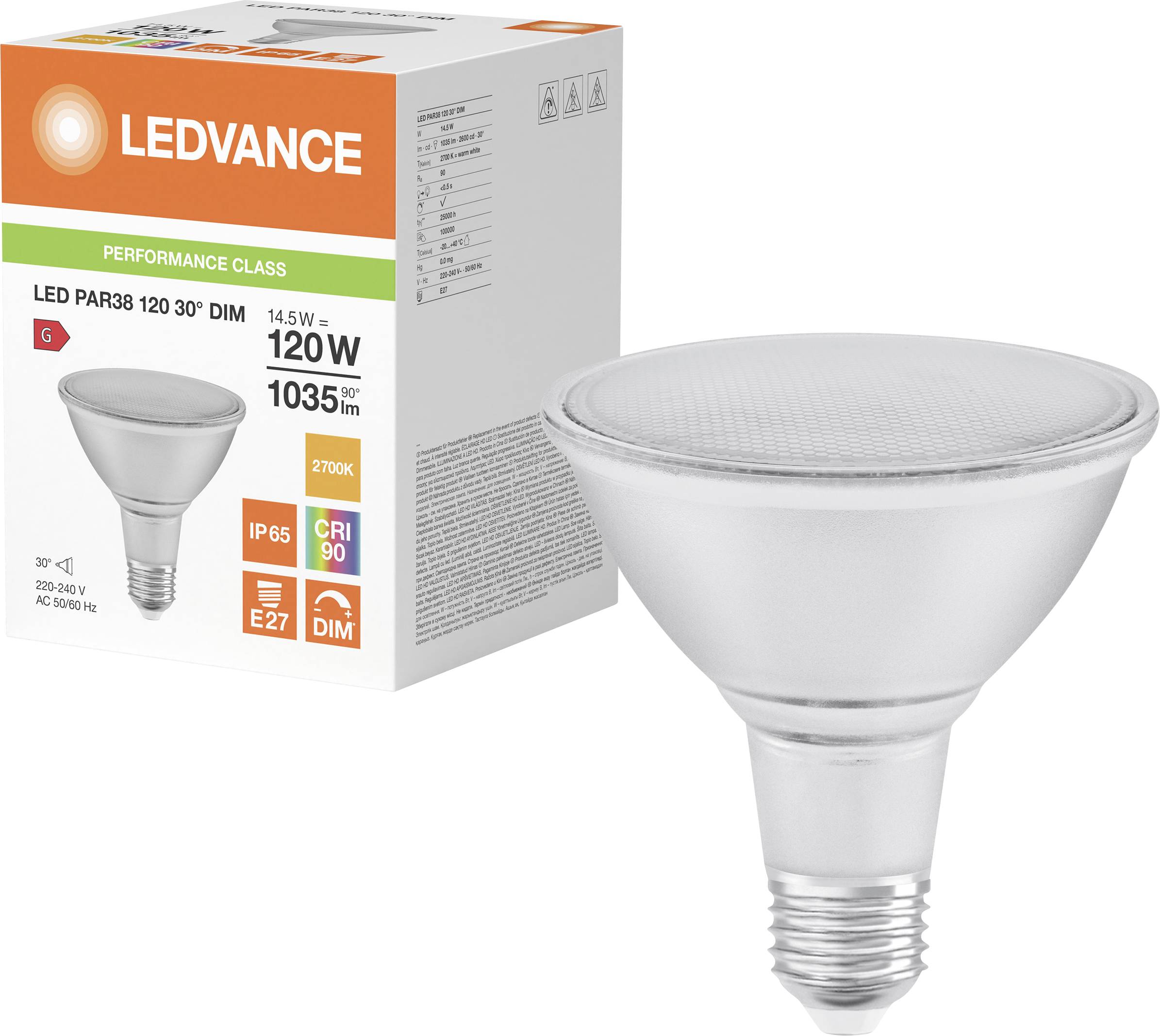 Une lampe LED de Ledvance à côté de son emballage. L'emballage affiche 'Performance Class', le symbole LED, IP65 et le symbole de variation d'intensité.