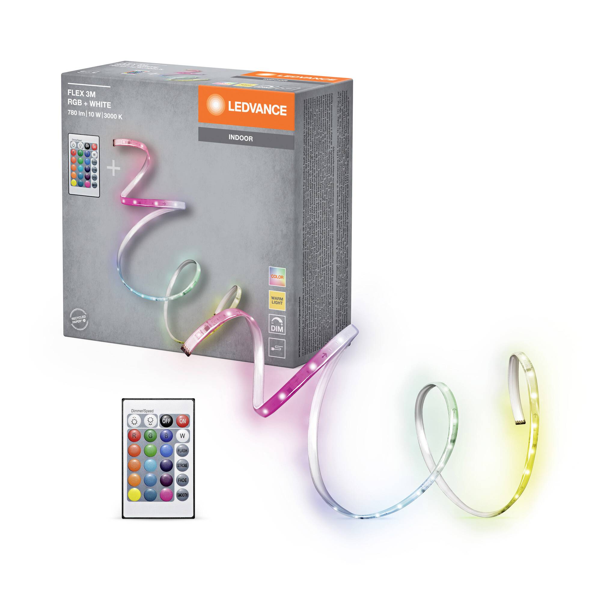 Ensemble de bande lumineuse LED dans différentes couleurs avec télécommande ; l'emballage montre le design et l'utilisation de la bande.