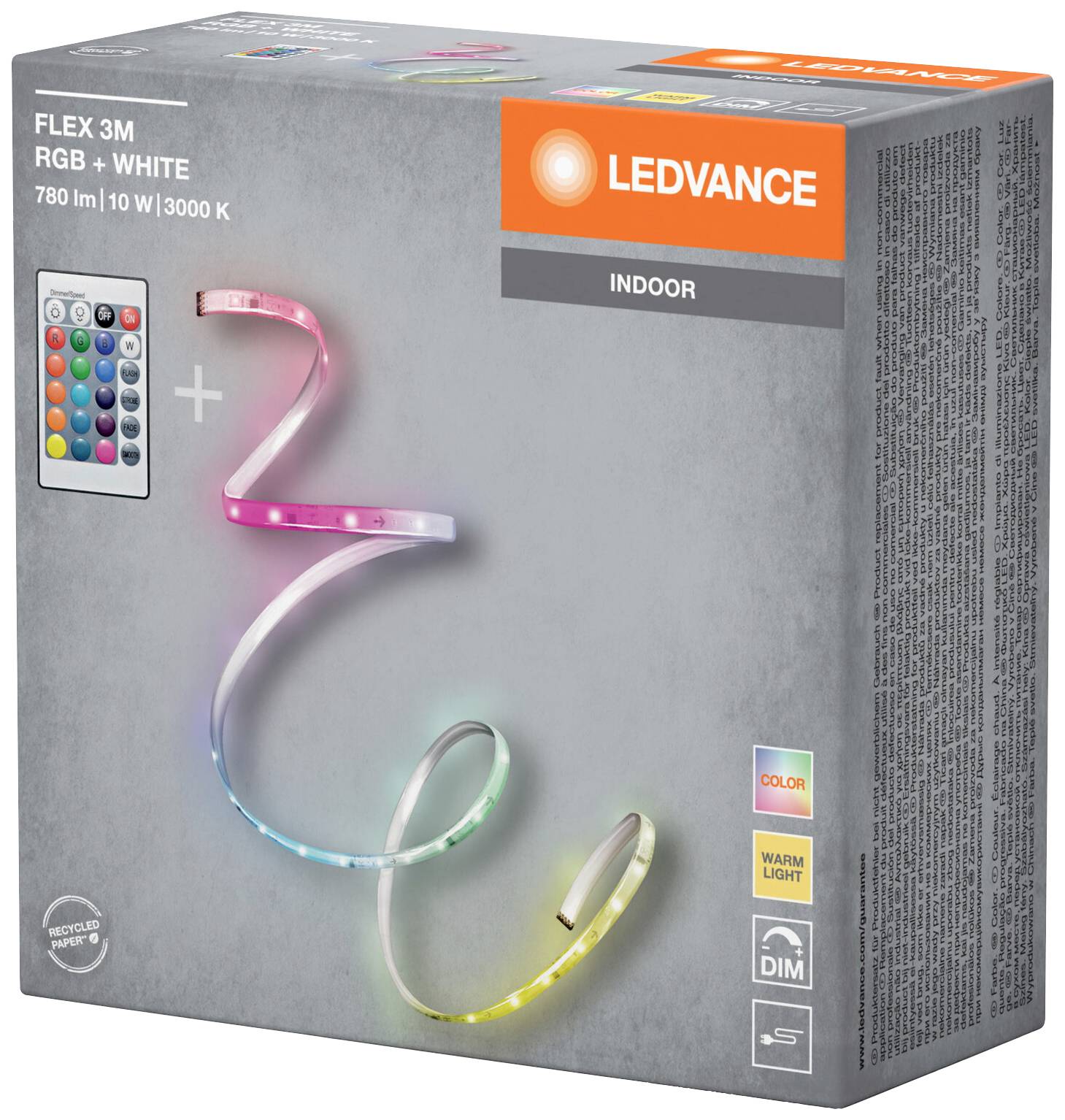 Emballage d'un ruban lumineux LED Ledvance. Affiche RGB + Blanc, longueur 3 mètres, 780 lumens, 10W, télécommande incluse.