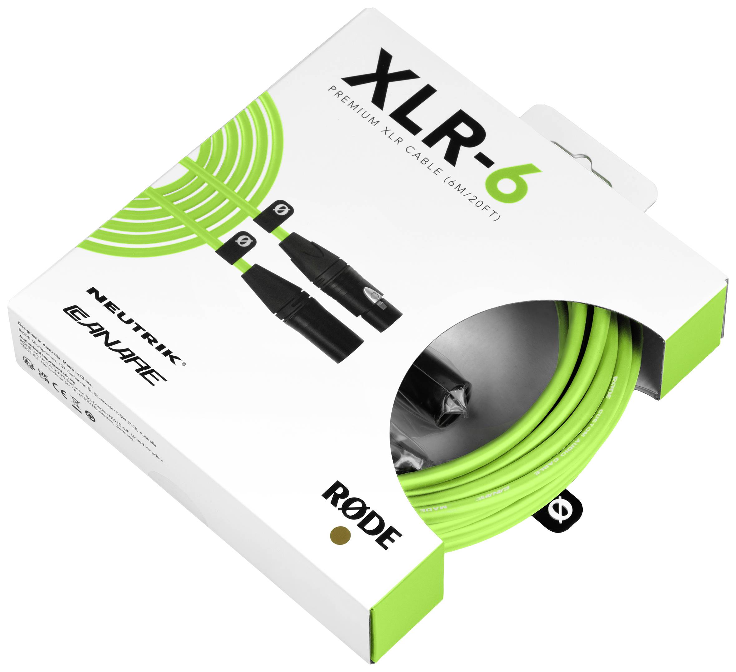 Emballage d'un câble XLR vert, avec l'étiquette 'XLR-6' et 'RØDE', montrant des illustrations du câble et des connecteurs, qualité premium, longueur de 6 m.
