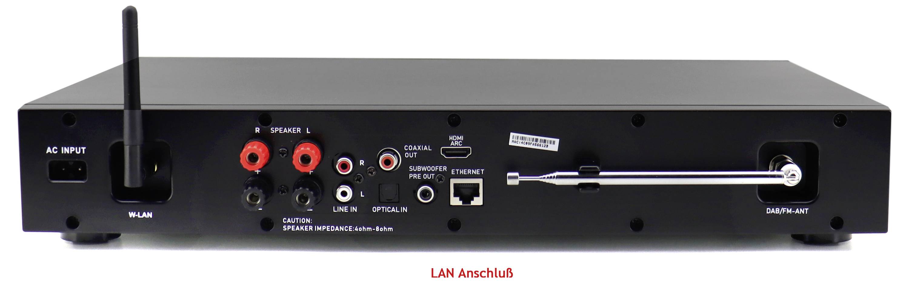 'Vue arrière d'un appareil audio noir présentant divers ports, notamment l'entrée AC, la sortie haut-parleur, l'entrée ligne, l'entrée optique et l'Ethernet.'