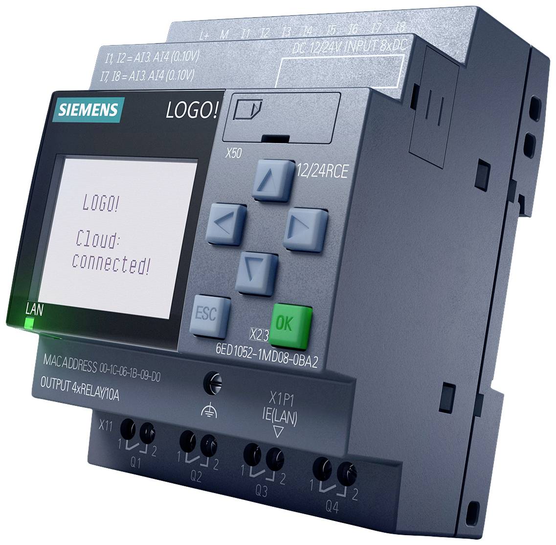 Une unité de commande Siemens LOGO! avec affichage montre le message 'Cloud : connecté !'. Contient différentes connexions et boutons.