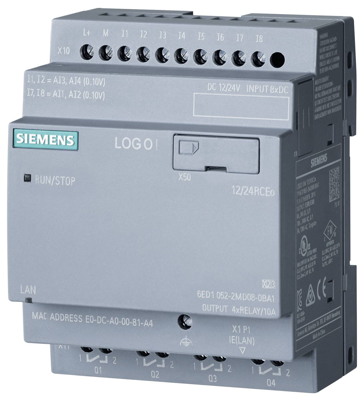 Module Logo Siemens, gris, avec connexions en haut et en bas, logo vert à gauche. Affichage de l'état de fonctionnement et de la connexion LAN.