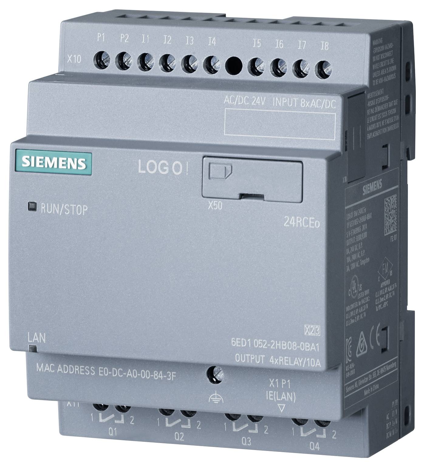Une unité de commande programmable de Siemens avec un écran affichant 'LOGO! Cloud: connected!'. Comprend des connexions et des touches.