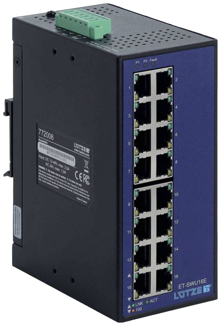 Commutateur Ethernet industriel à 16 ports, modèle ET-SWU16E de LÜTZE, pour la connexion d'appareils réseau, avec voyants d'état.