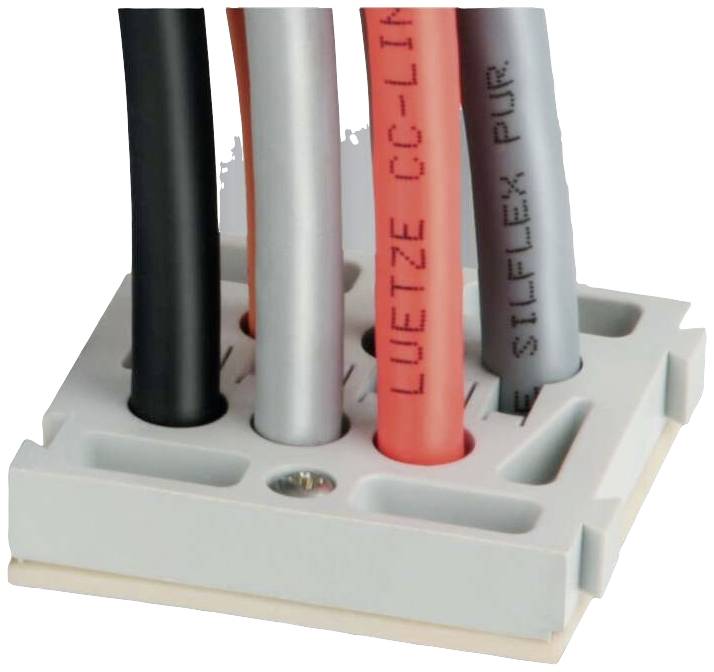 Quatre câbles de différentes couleurs sont fixés dans un support blanc. L'un des câbles est étiqueté 'LUETZE CC-LINK IE SILFLEX PUR'.