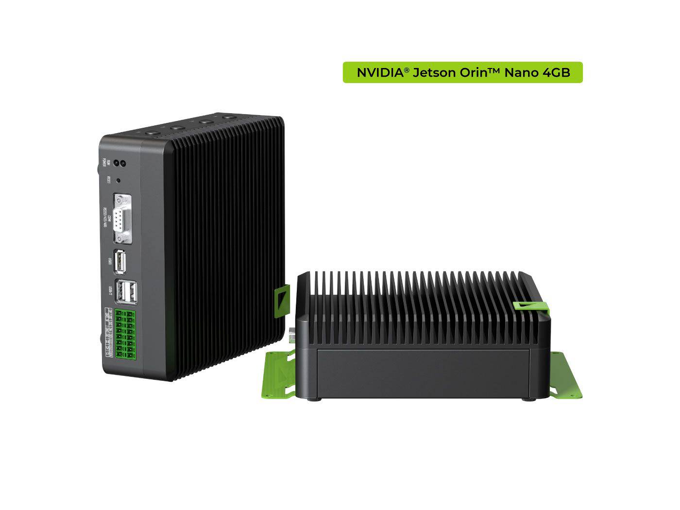 Deux ordinateurs compacts avec des ailettes de refroidissement. Texte sur fond vert : 'NVIDIA Jetson Orin Nano 4Go'.