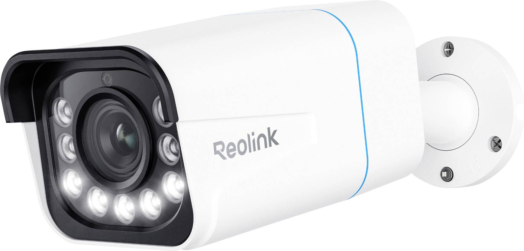 Une caméra de sécurité blanche de Reolink, dotée d'un objectif entouré de huit LED infrarouges pour la vision nocturne, montée sur un fond blanc.