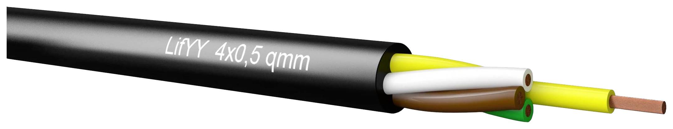 Câble noir portant l'inscription 'LiYY 4x0,5 mm²', montrant quatre fils de couleurs : marron, blanc, jaune et vert-jaune, partiellement dénudés.