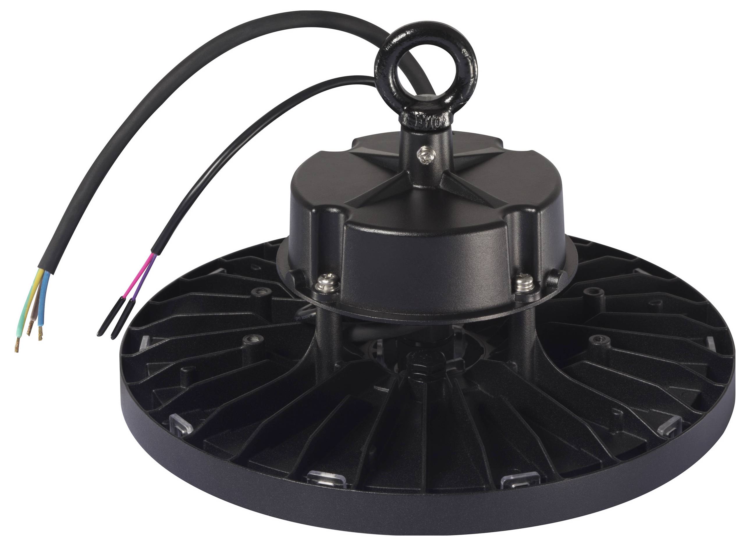 Luminaire industriel à boîtier circulaire et trois câbles de sortie pour connexion électrique, idéal pour les grands espaces intérieurs.