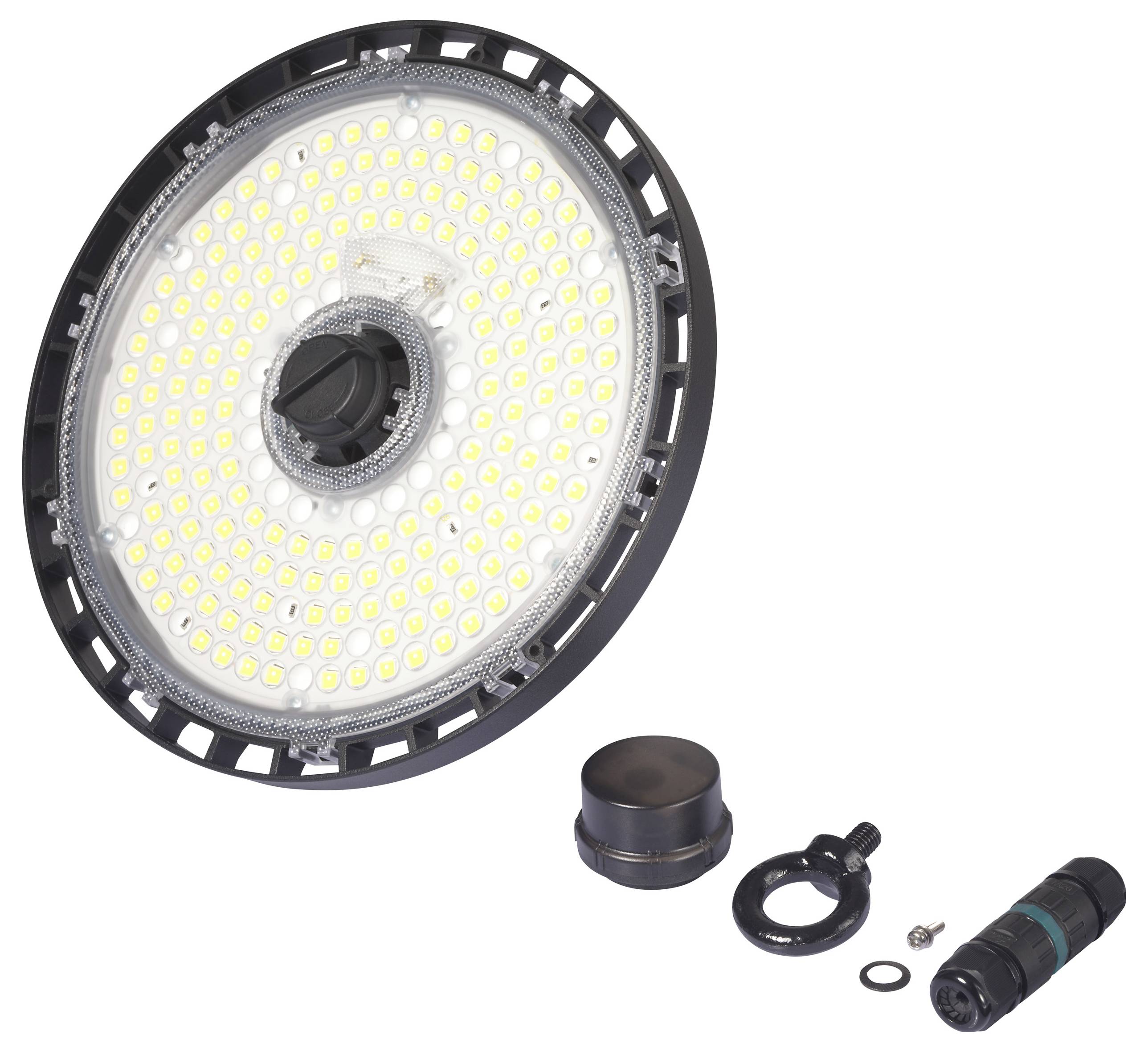 Projecteur LED circulaire pour hall industriel avec boîtier noir, nombreux éléments lumineux jaunes et accessoires tels que bague de montage et adaptateur.