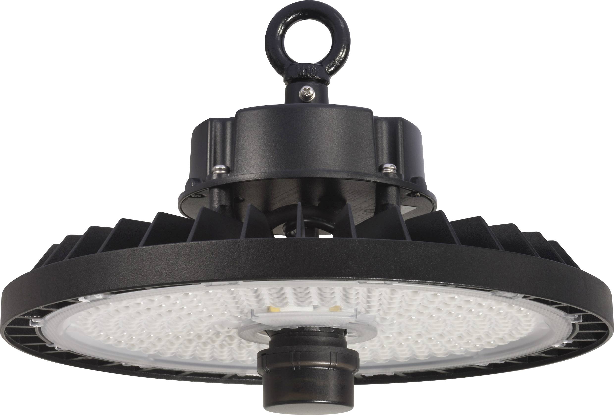 Un luminaire industriel LED rond noir avec un boîtier annulaire et une suspension en haut, illustre le design d'un éclairage moderne.