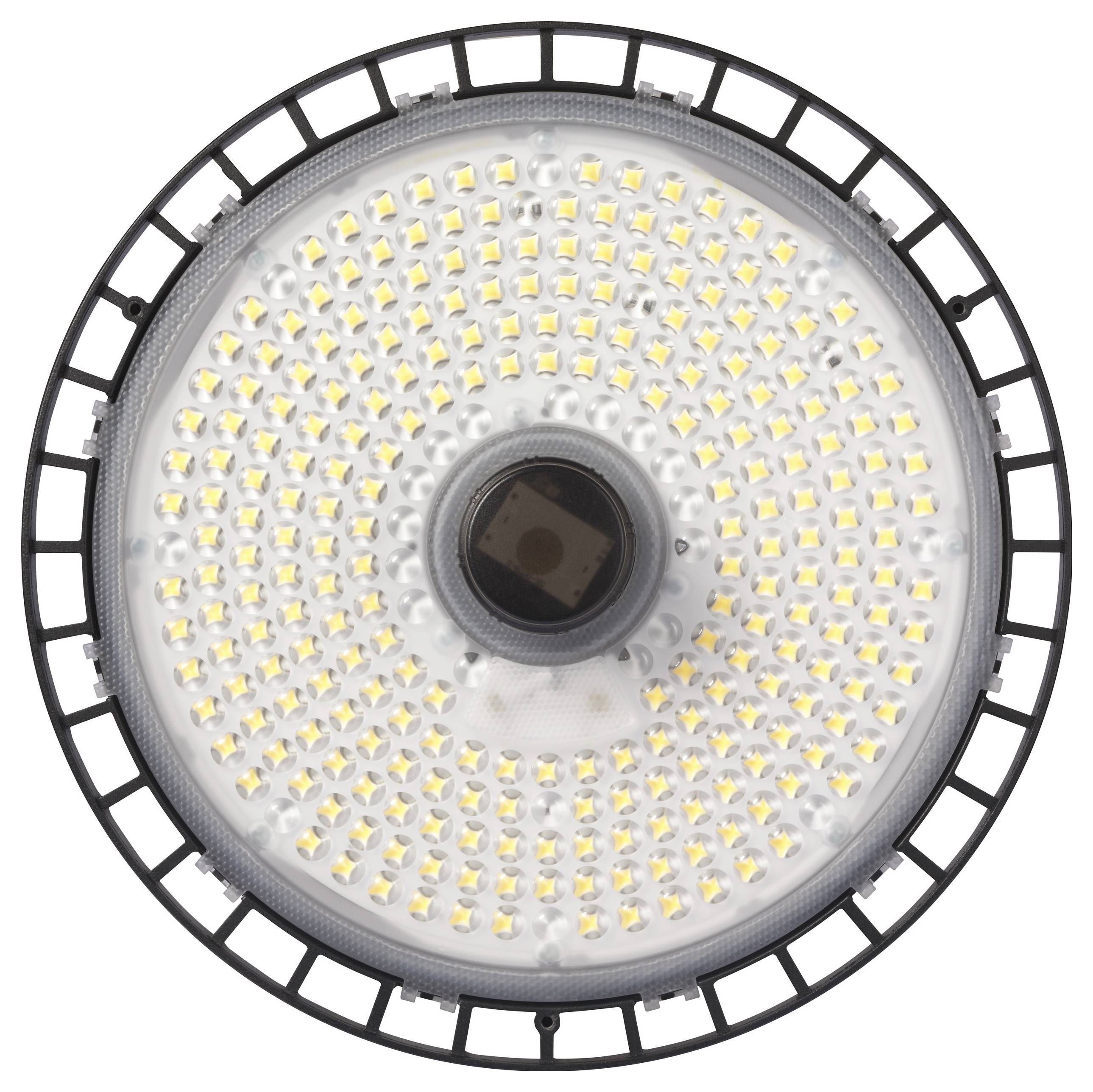 Luminaire LED rond avec de nombreuses petites lumières, encadré dans un boîtier noir.