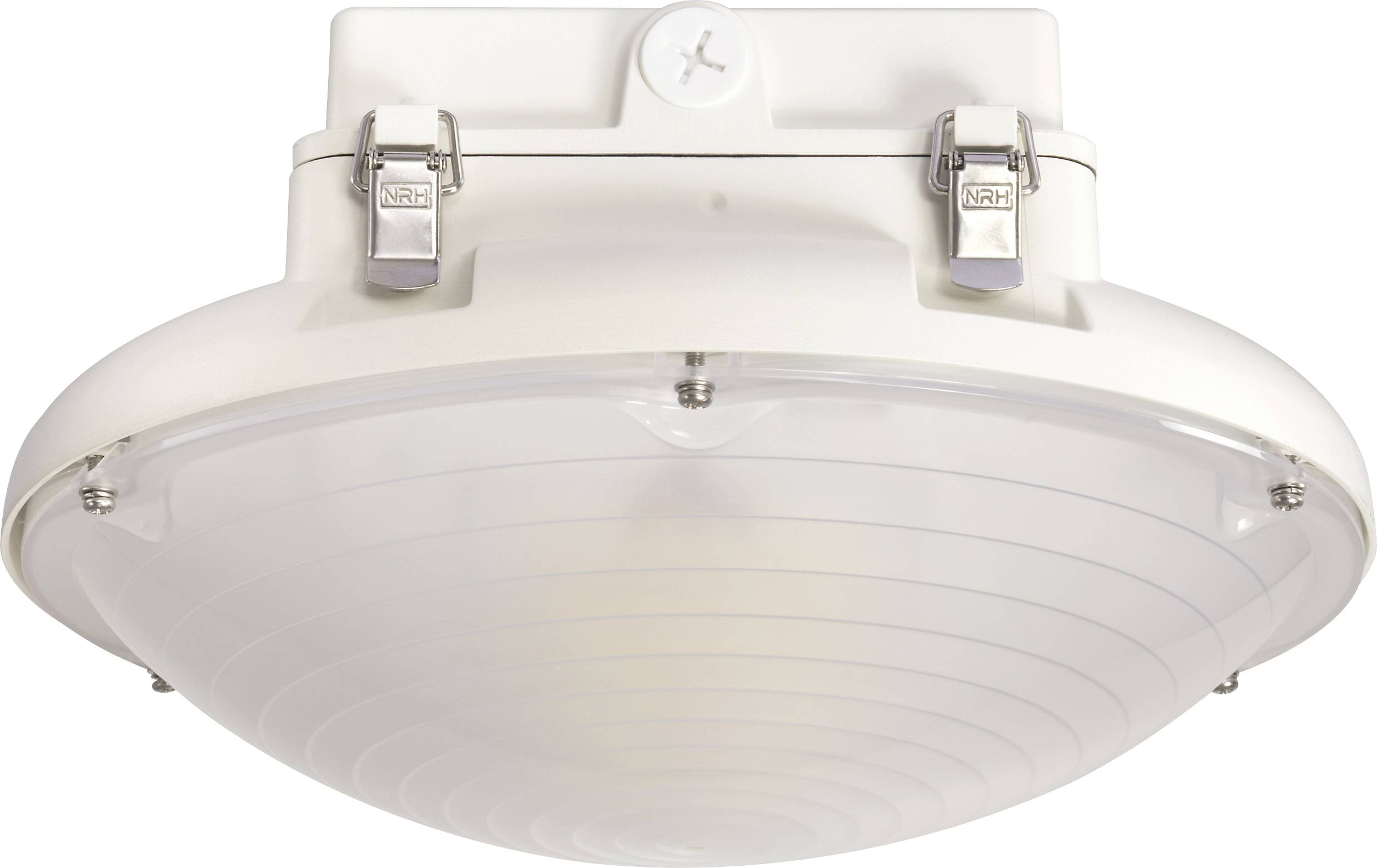 Plafonnier avec un couvercle rond et bombé, fixé par des attaches métalliques. Couleur de fond blanche, adapté aux espaces intérieurs.