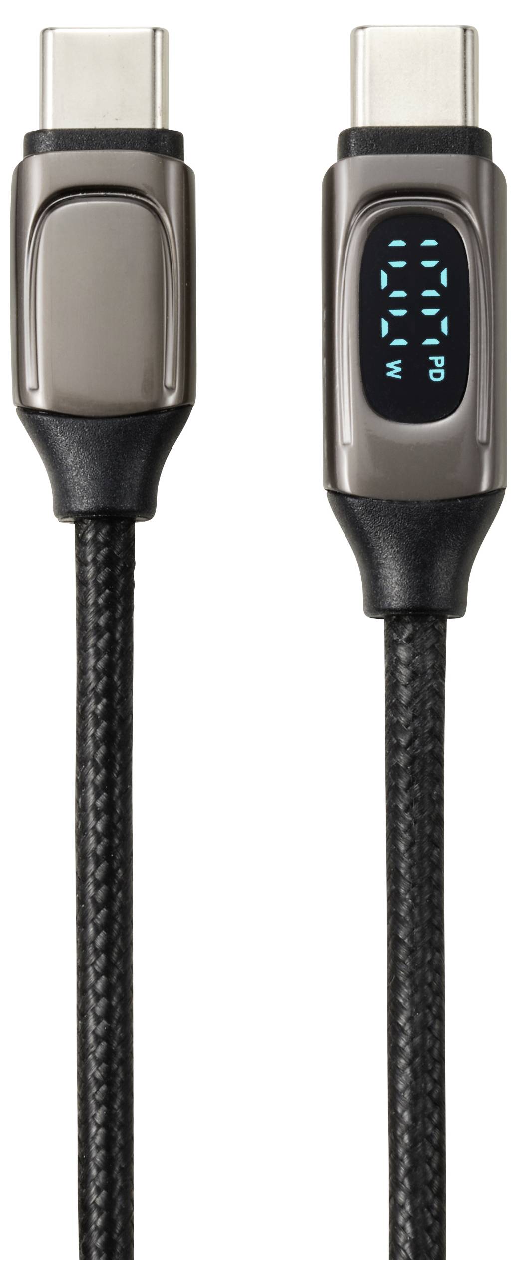 Câble USB-C avec des symboles bleus lumineux sur une fiche, câble tressé noir, adapté pour un transfert de données rapide.