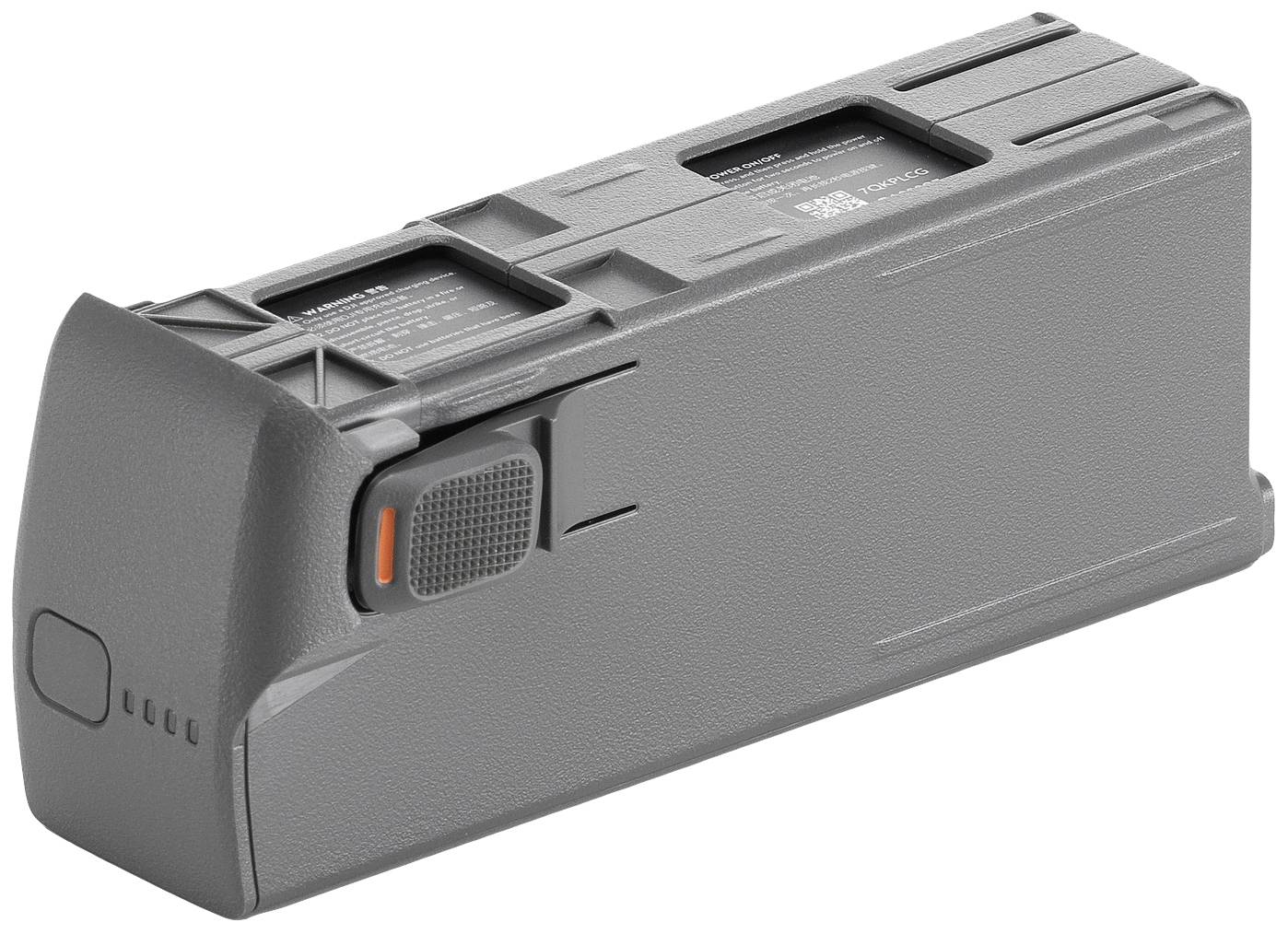 Un accumulateur de drone gris avec des voyants LED et un interrupteur orange. Il a une forme rectangulaire et une surface texturée.