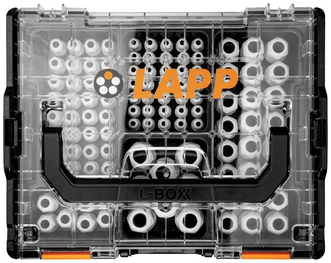 Boîte L transparente avec poignée noire, remplie de passe-câbles blancs. Logo 'LAPP' en orange sur le couvercle.