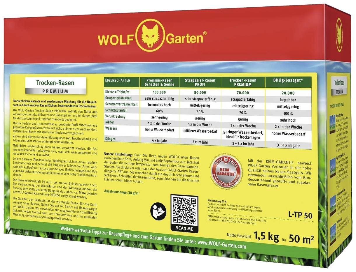 Emballage de WOLF-Garten Gazon Sec Premium. Contient une description du mélange de semences, des conseils d'entretien et un code QR pour plus d'informations.