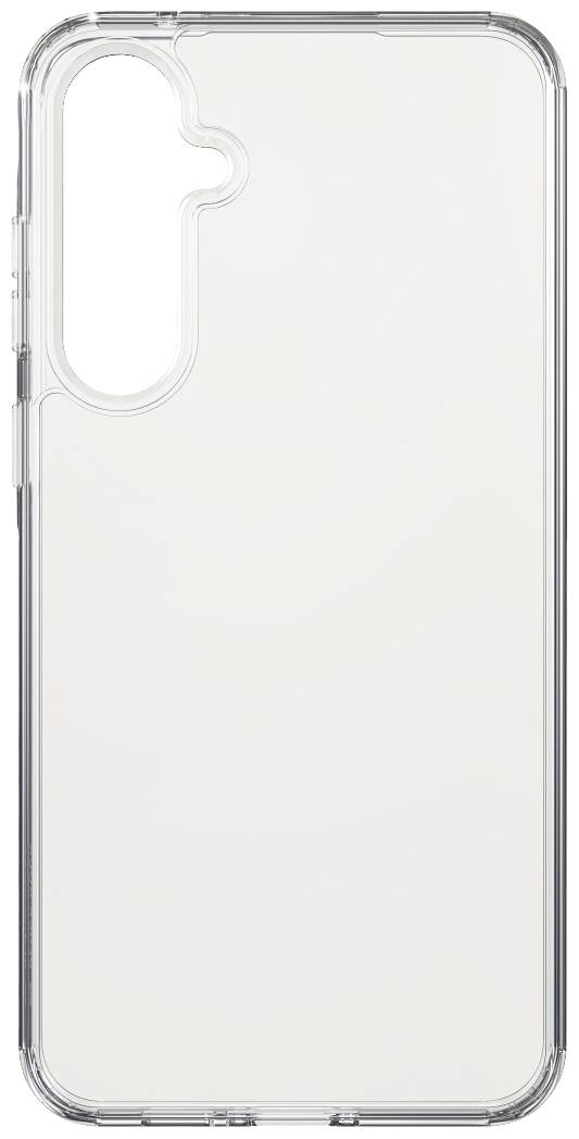 Coque transparente pour smartphone avec découpe pour triple caméra verticale en haut à gauche.