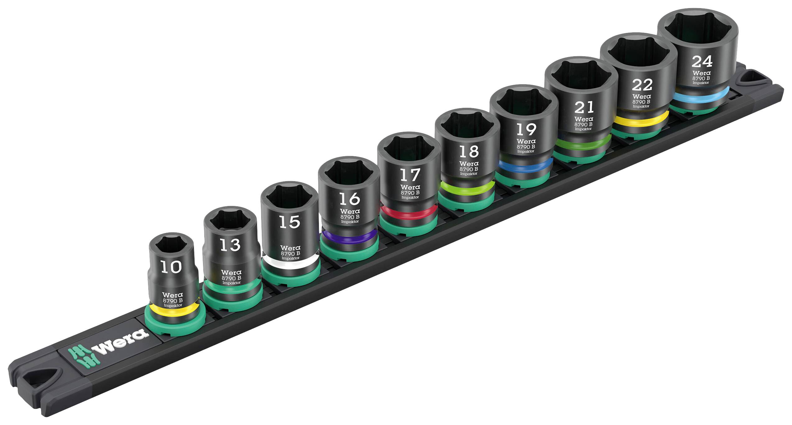 Un jeu de clés à douille codées par couleur avec marquage des tailles de 10 à 24 mm, disposées sur un support de la marque Wera.